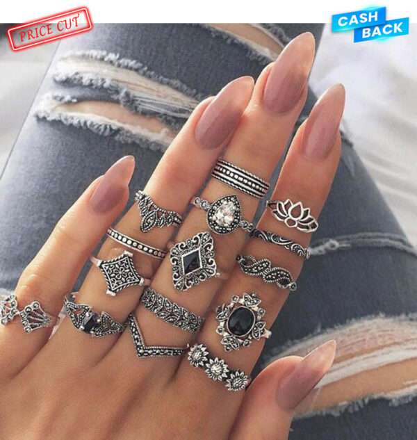 15 Piece/Set Bohemian Retro Crystal Flower Leaves Leaves Blank Padma Gem Silver Ring